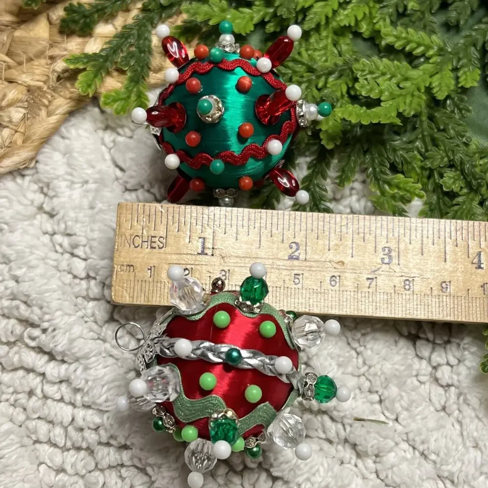 Set of 2 Mini Push Pin Sequins Satin Thread Ball Christmas Ornaments Santa Peace